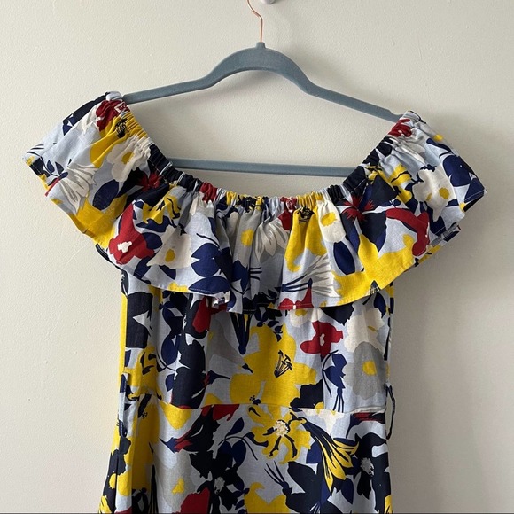 Zara Basic Denim Blue Floral Off the Shoulder Spring Button up Dress sz Large - Picture 7 of 11